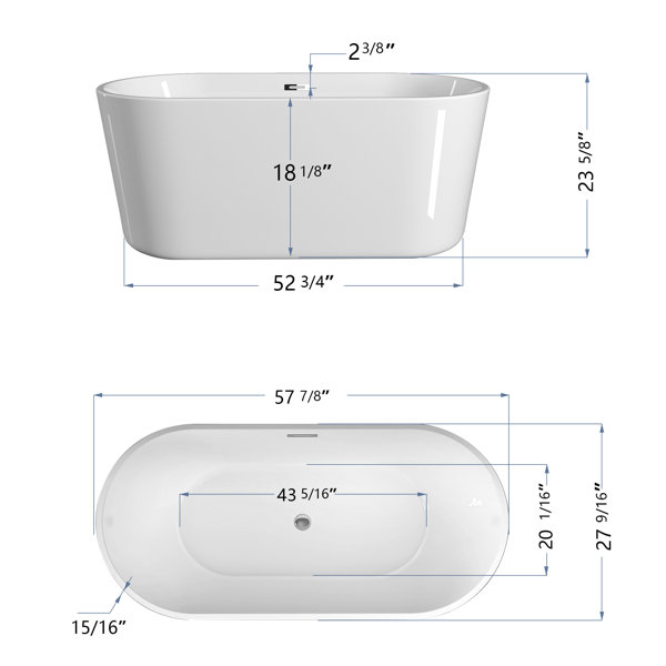 TiramisuBest 58" x 23.6" Freestanding Soaking Acrylic Bathtub Wayfair